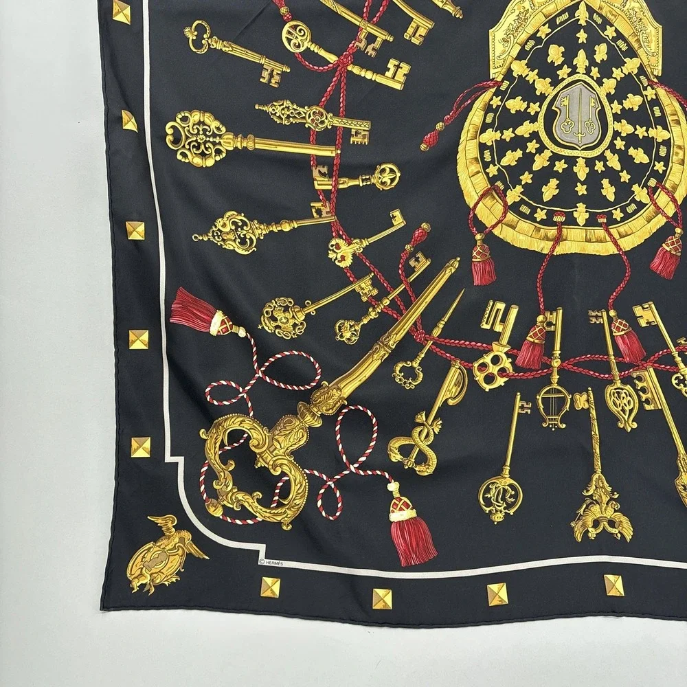 Hermes Scarf Silk Black Gold the Keys Print Square Les Kles 90 Carre France